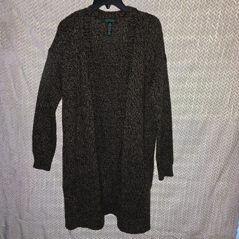 Lauren Ralph Lauren Medium Duster‎ Cardigan Sweater Knit Brown Gold Metallic